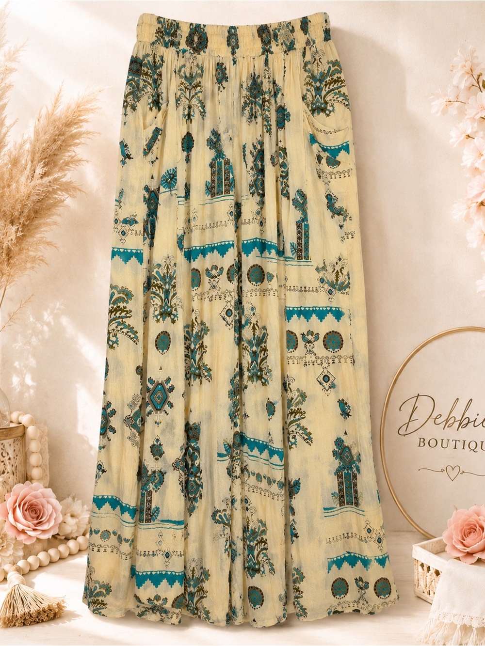 NWT Rhea Boho Print Wide Leg Palazzo Pants One Size Rayon Crêpe